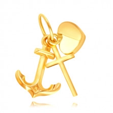 Zlatý 14K přívěsek - silueta lesklého křížku, kotvičky a vypouklého srdíčka