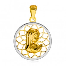 Rhodiovaný zlatý 14K přívěsek - kontura kruhu s Pannou Marií uprostřed