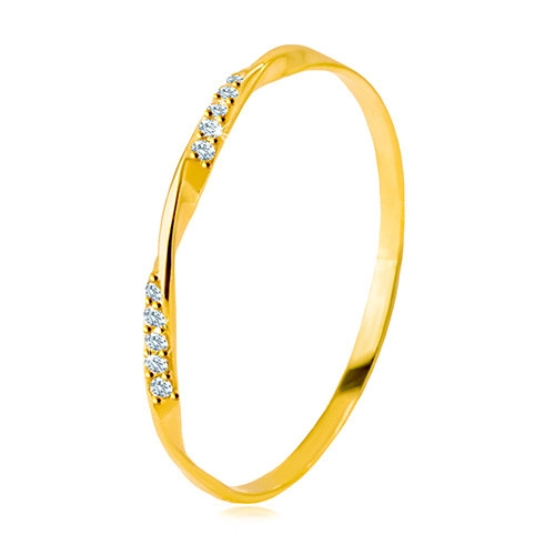 Zlatý 585 prsten - hladká zvlněná linie zdobená blýskavými zirkony v čirém odstínu - Velikost: 52