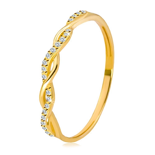 Prsten ve žlutém 14K zlatě - dvě navzájem propletené linie, kulaté čiré zirkony - Velikost: 50
