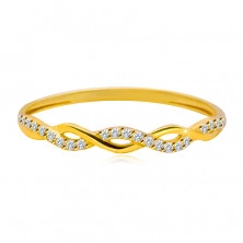 Prsten ve žlutém 14K zlatě - dvě navzájem propletené linie, kulaté čiré zirkony