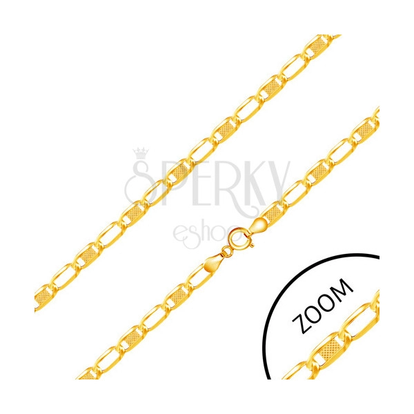 Řetízek ve žlutém zlatě 585 - podlouhlé články zdobené vzorovaným obdélníkem, 450 mm