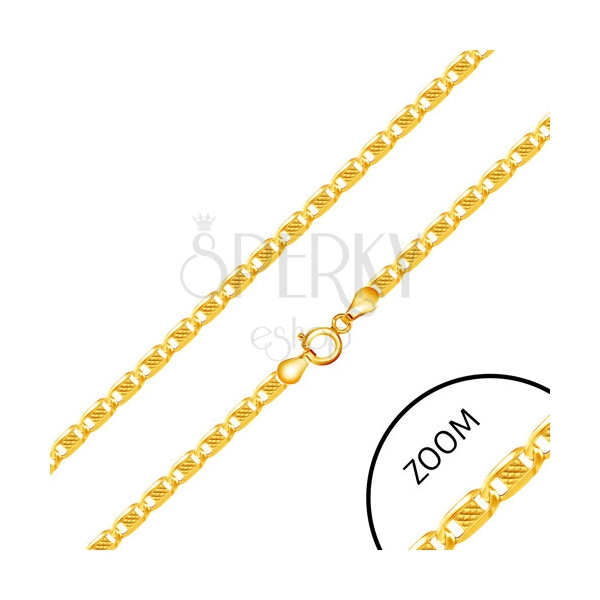 Řetízek ze žlutého 14K zlata - oválné články ozdobené uprostřed obdélníkem, 450 mm