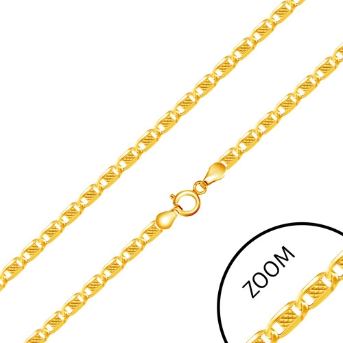 Řetízek ze žlutého 14K zlata - oválné články ozdobené uprostřed obdélníkem, 450 mm