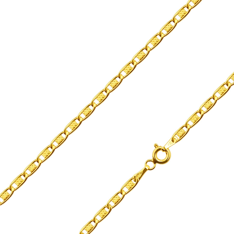 Levně Zlatý 585 řetízek - lesklé články zdobené obdélníkem s mřížkou, 500 mm