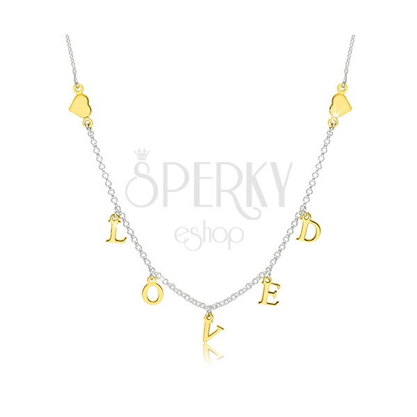 Stříbrný 925 náhrdelník - lesklá srdíčka a nápis "LOVED" ve zlatém odstínu