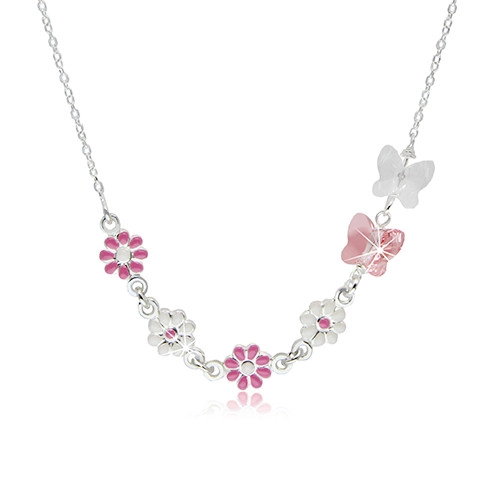 Levně Dětský náhrdelník ze stříbra 925 - kvítky s růžovou a bílou glazurou, motýlci ze syntetických krystalů