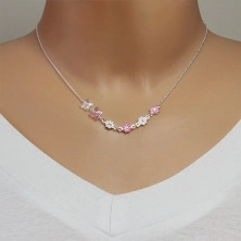 Dětský náhrdelník ze stříbra 925 - kvítky s růžovou a bílou glazurou, motýlci ze syntetických krystalů