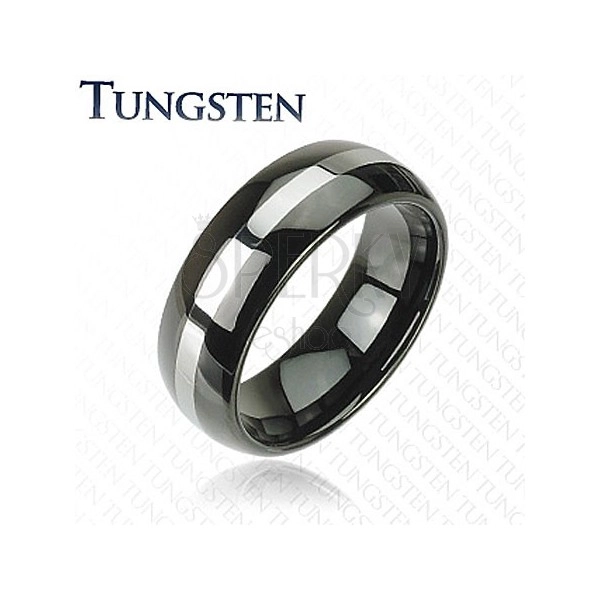 Elegantní wolframový prsten - černý, stříbrný pás, 8 mm