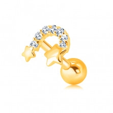 Zlatý 375 piercing do ucha - dvě hvězdičky spojené zirkonovým obloukem