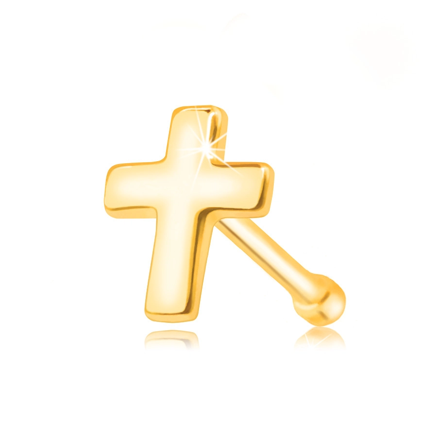 Piercing do nosu ze žlutého zlata 585 - plochý lesklý křížek