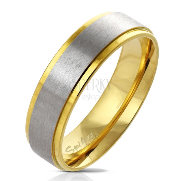 Prsten z oceli ve zlatém odstínu - pás s matným povrchem uprostřed, 6 mm