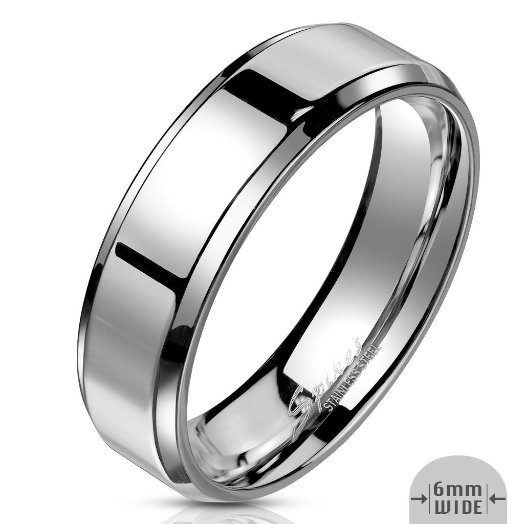 Prsten z oceli ve stříbrné barvě - pás se zrcadlově lesklým povrchem, 6 mm - Velikost: 65