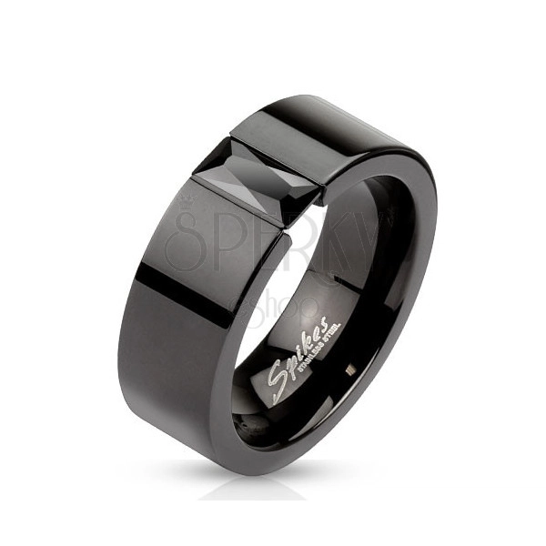 Prsten z oceli v černé barvě - blýskavý černý zirkon, 8 mm