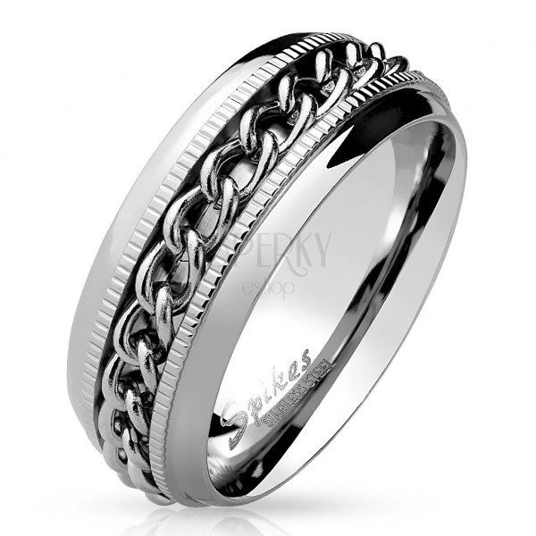 Ocelový prsten ve stříbrné barvě - lesklé propletené články, drobné zářezy, 8 mm