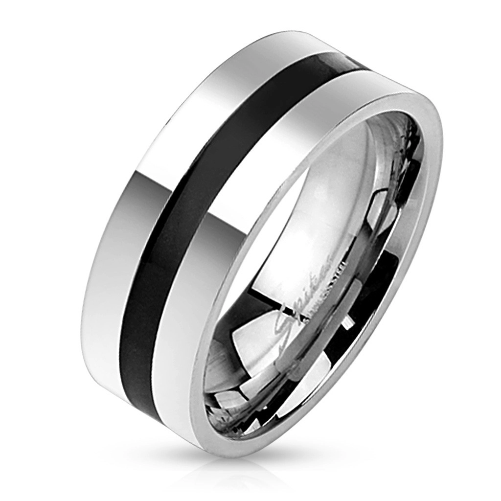 Prsten z oceli ve stříbrné barvě - proužek s černou glazurou, 8 mm - Velikost: 67