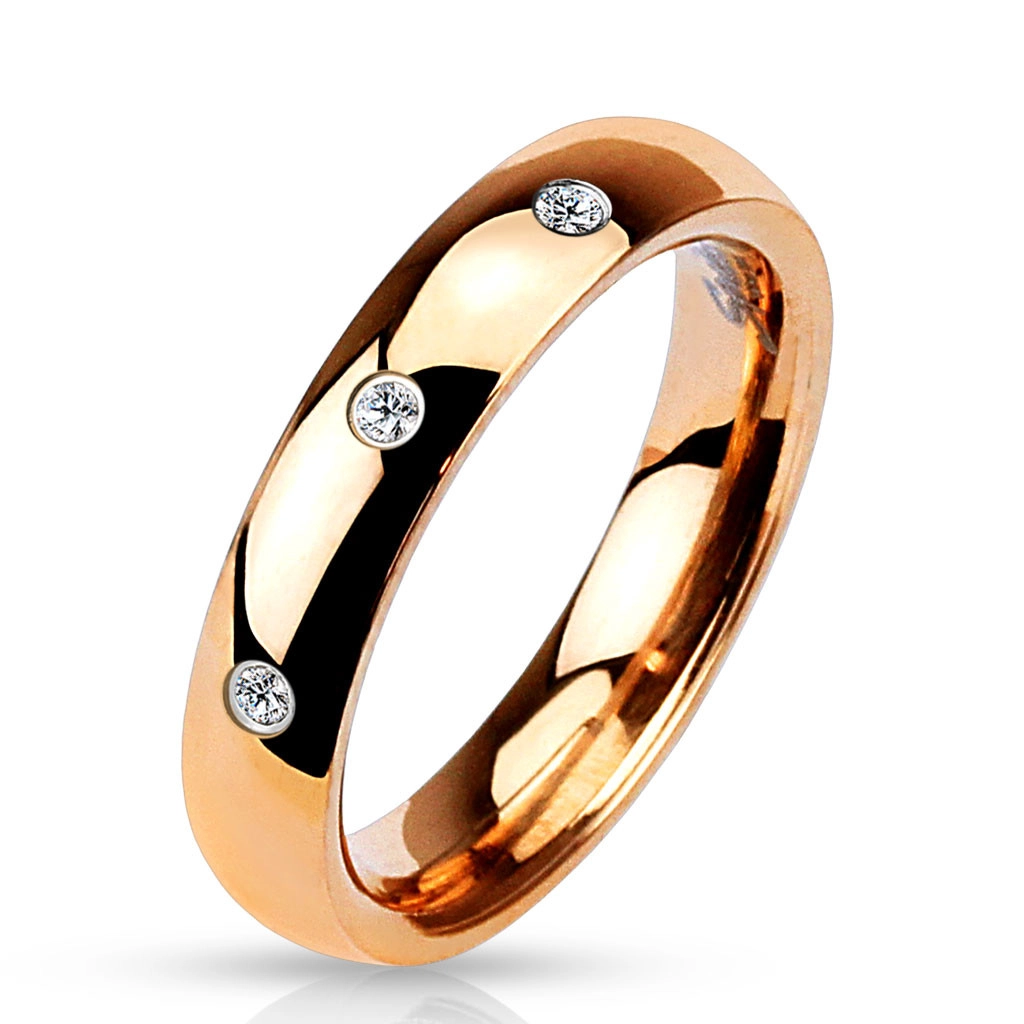 Ocelový prsten růžovozlaté barvy - tři kulaté čiré zirkony, 4 mm - Velikost: 49
