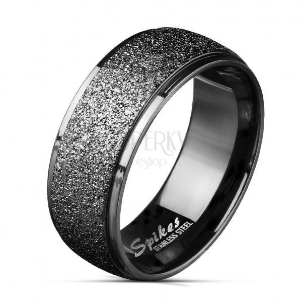 Ocelový prsten v černé barvě - široký pás zdobený třpytkami, 8 mm