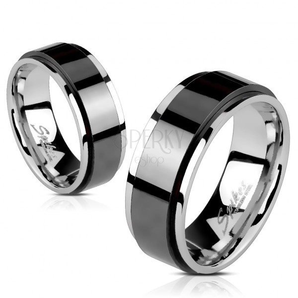 Prsten z oceli - vyvýšený otáčivý pás černé barvy, úzké okraje, 6 mm
