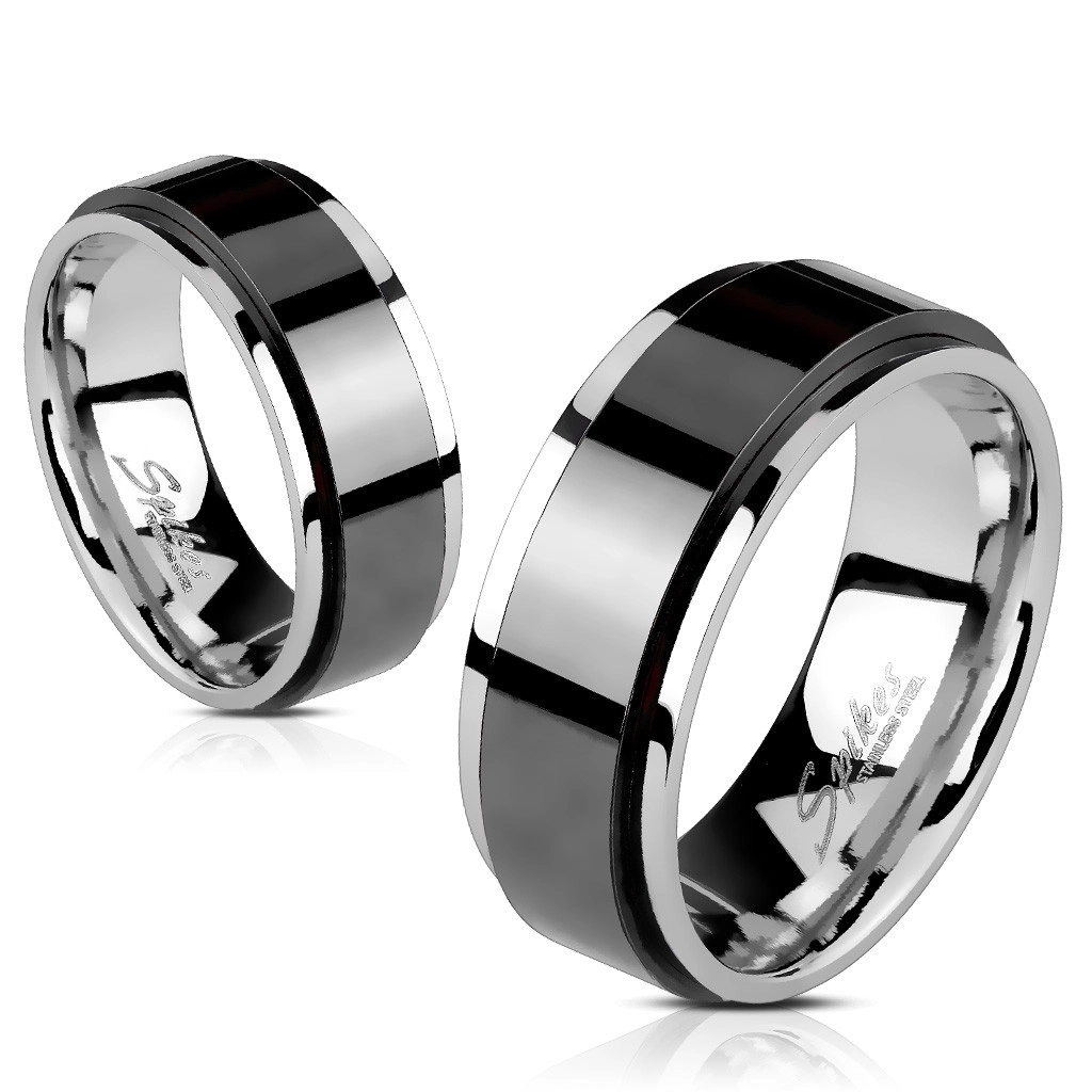 Prsten z oceli - vyvýšený otáčivý pás černé barvy, úzké okraje, 6 mm - Velikost: 49
