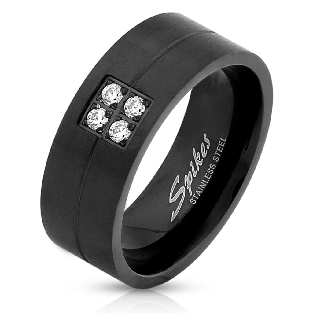 Prsten z oceli v černé barvě - čtyři blýskavé zirkony, 8 mm - Velikost: 70