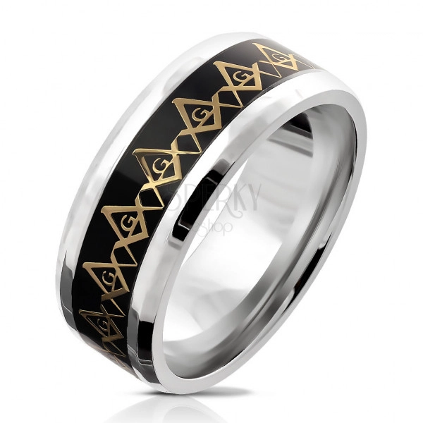 Ocelový prsten - symbol svobodných zednářů ve zlaté barvě, průsvitná glazura, 8 mm