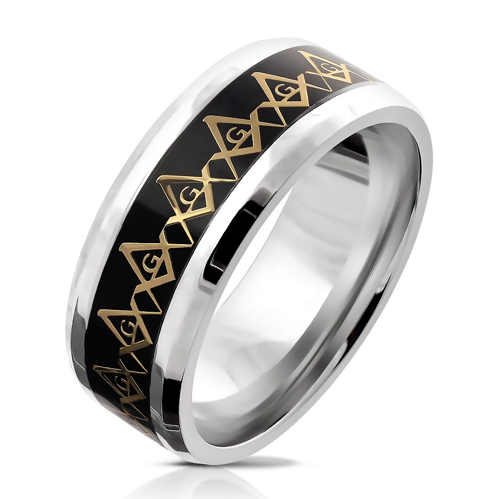Ocelový prsten - symbol svobodných zednářů ve zlaté barvě, průsvitná glazura, 8 mm - Velikost: 67