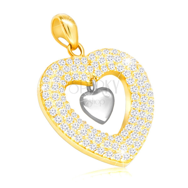 Přívěsek v kombinovaném 375 zlatě - srdce vykládané čirými zirkony, plné srdíčko