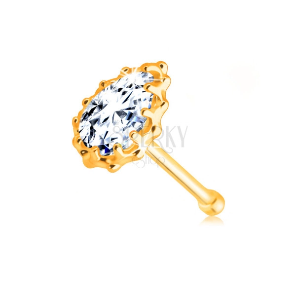 Zlatý piercing 375 - čirá zirkonová slzička ohraničená vroubkovaným lemem