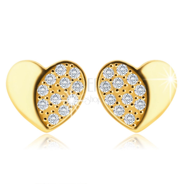 Zlaté 14K náušnice - symetrické srdce s lesklou a zirkonovou polovinou