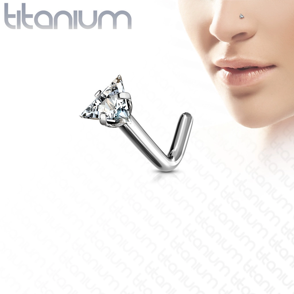 Zahnutý piercing do nosu z titanu - trojúhelníkový broušený zirkon čiré barvy - Tloušťka piercingu: 1 mm