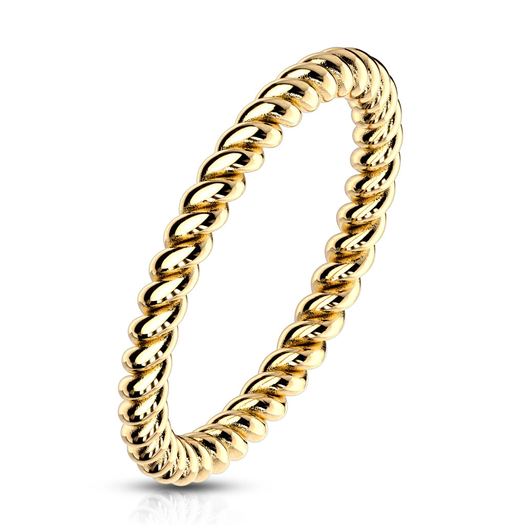 Ocelový prsten ve zlaté barvě - zatočená kontura ve tvaru lana, 2 mm - Velikost: 50