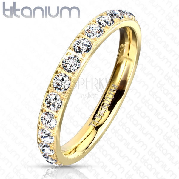 Titanový prsten ve zlatém odstínu - třpytivé zirkony čiré barvy, 3 mm