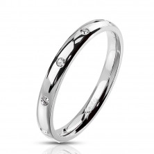 Ocelový prsten stříbrné barvy - kulaté čiré zirkony, 3 mm