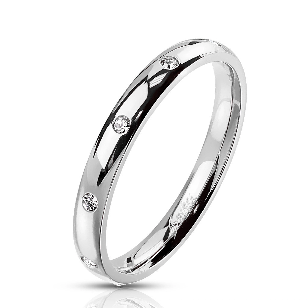 Ocelový prsten stříbrné barvy - kulaté čiré zirkony, 3 mm - Velikost: 54