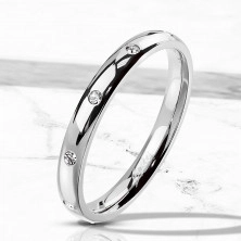 Ocelový prsten stříbrné barvy - kulaté čiré zirkony, 3 mm