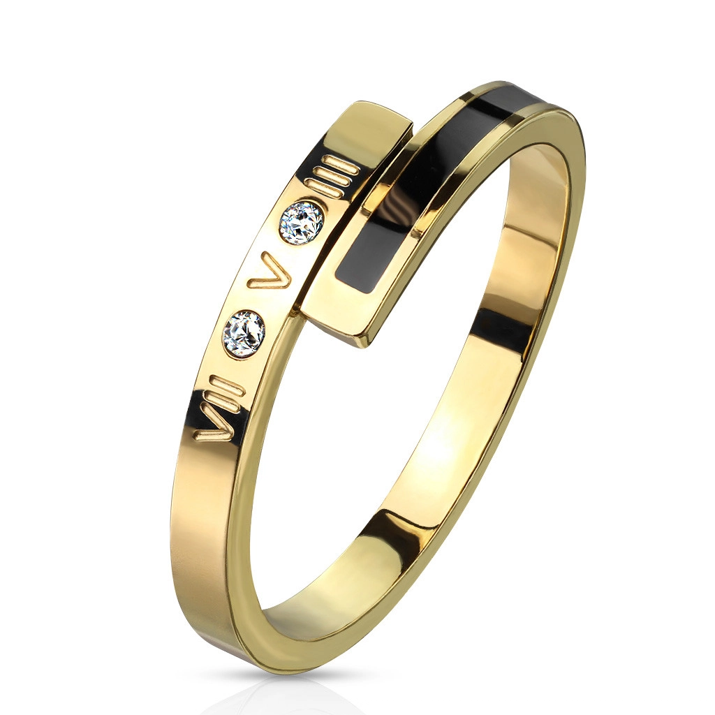Ocelový prsten ve zlaté barvě - černý proužek, dva čiré zirkony, římské číslice, 2 mm - Velikost: 57
