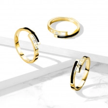 Ocelový prsten ve zlaté barvě - černý proužek, dva čiré zirkony, římské číslice, 2 mm