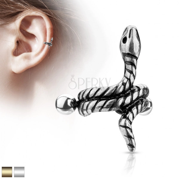 Ocelový piercing do ucha - zatočený had s proužky na těle