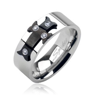 Ocelový prsten černý kříž, zirkony - Velikost: 60