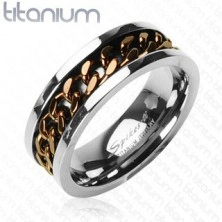 Titanový prsten stříbrné barvy - řetěz v měděném barevném odstínu