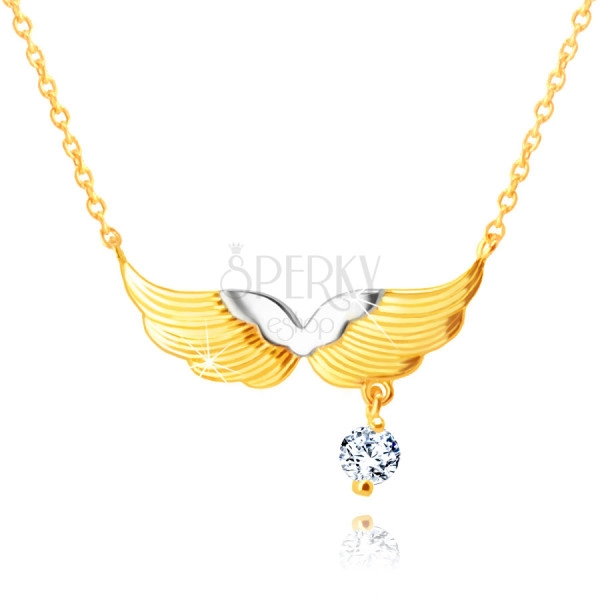 Zlatý kombinovaný náhrdelník 585 - andělská křídla, kulatý zirkon čiré barvy