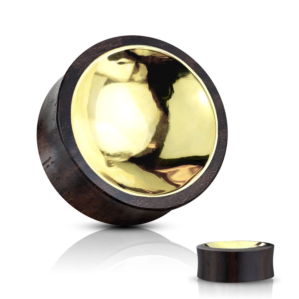 Plug do ucha ze dřeva Sono hnědočerné barvy - kroužek zlaté barvy - Tloušťka : 19 mm