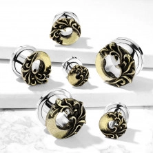 Ocelový plug do ucha - patinovaný kruh s květinovým motivem ve zlaté barvě