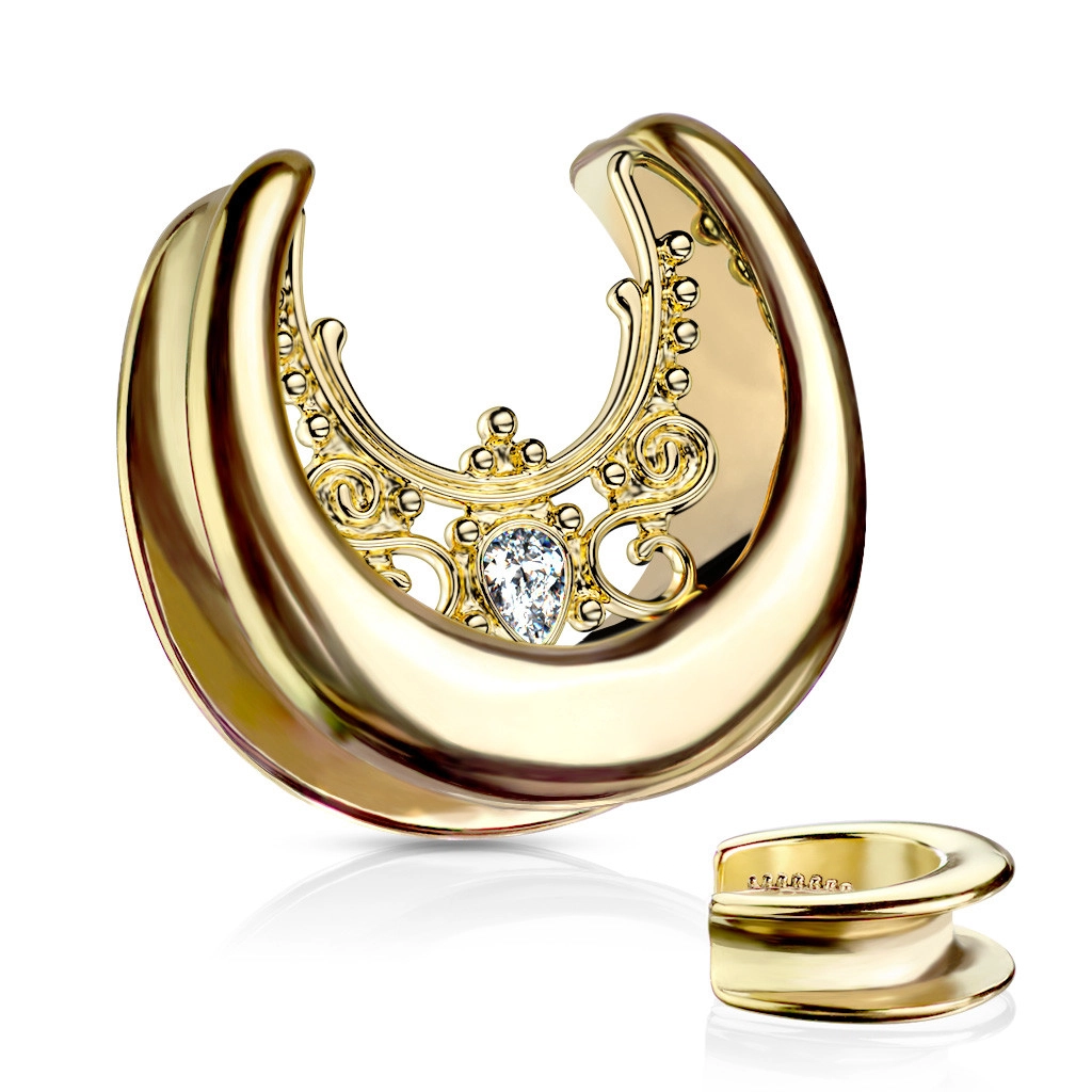Ocelový plug do ucha ve zlaté barvě - zirkonová slzička, ornamenty - Tloušťka : 14 mm
