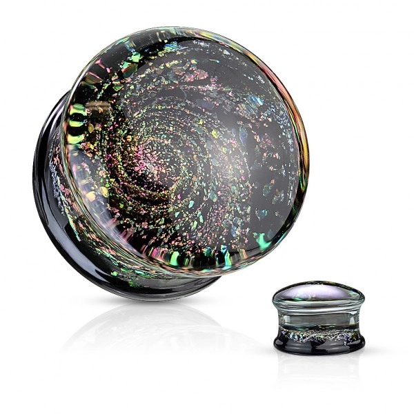 Plug ze skla - černá spodní část s vícebarevnými třpytkami, motiv vesmíru