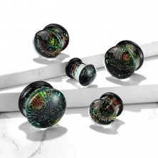Plug ze skla - černá spodní část s vícebarevnými třpytkami, motiv vesmíru