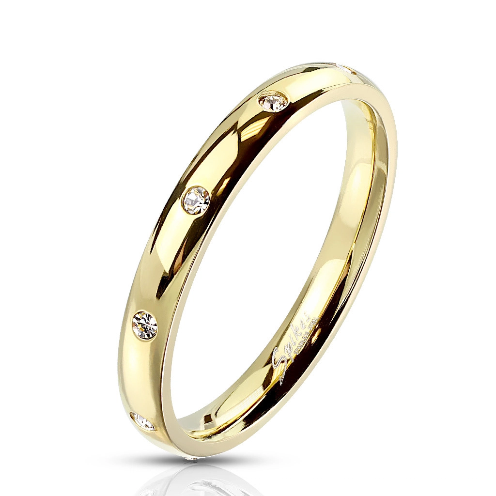 Prsten zlaté barvy z oceli - kulaté zirkony čiré barvy, 3 mm - Velikost: 60