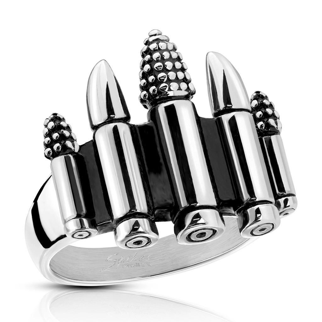 Patinovaný ocelový prsten stříbrné barvy - pět nábojnic, 4 mm - Velikost: 68