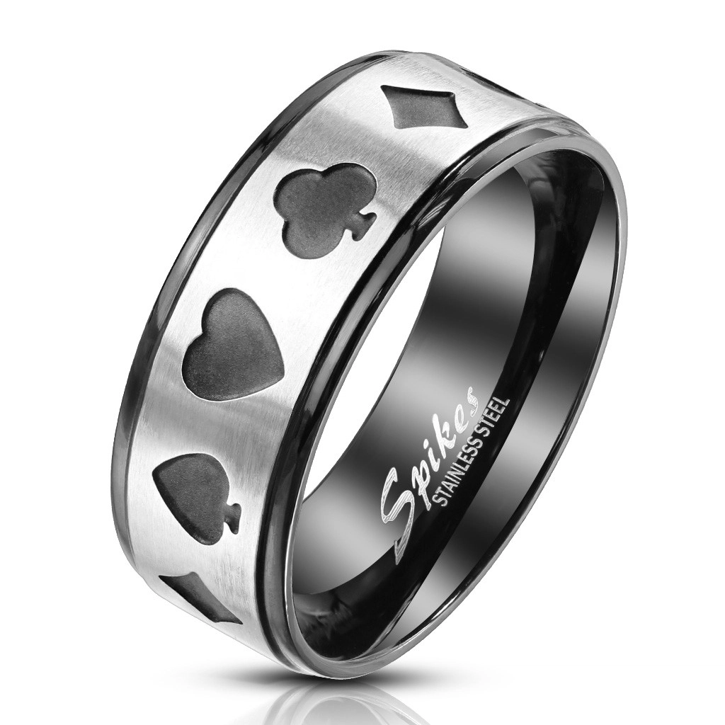 Prsten z oceli v černo-stříbrném odstínu - symboly hracích karet v pokeru, 8 mm - Velikost: 65